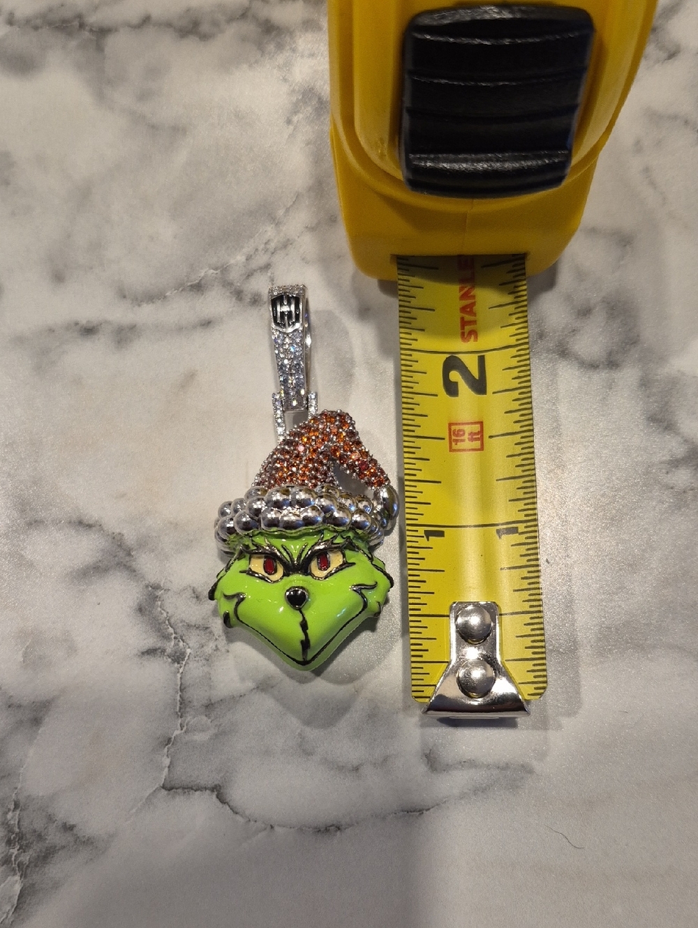 Green Grinch Pendant Necklace Charm with Orange Hat Accent